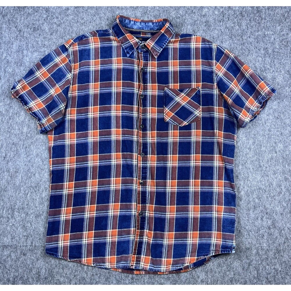 Nickel & Iron Men's Button Down Shirt Short Sleeve Blue Orange Plaid Size Large